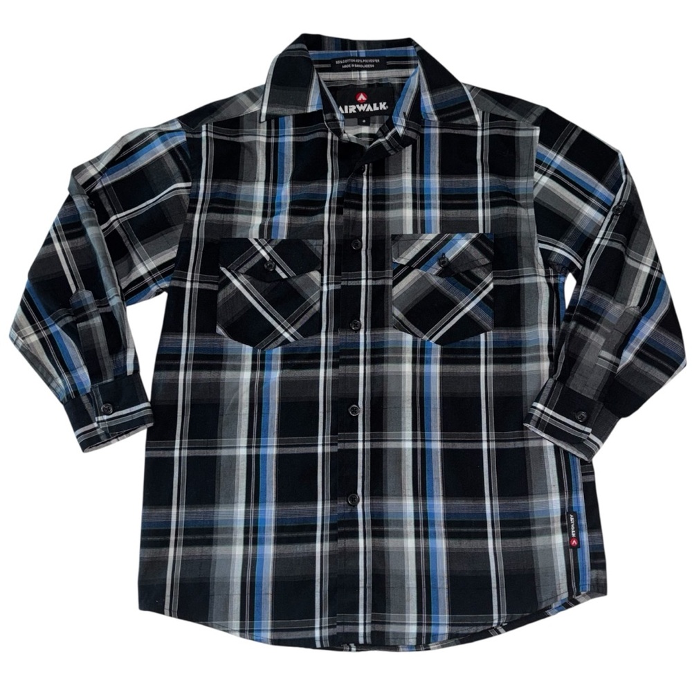 Airwalk Boys Size 8 Button Up Long Sleeve Shirt Blue Black Plaid